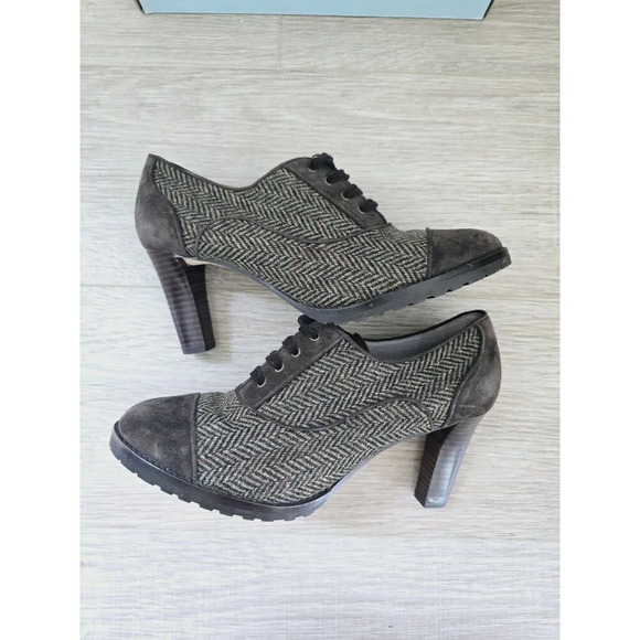 Johnston and Murphy Gail Piped Oxford Herringbone Brown Green Pinup 40s Heels 8 - Picture 3 of 10